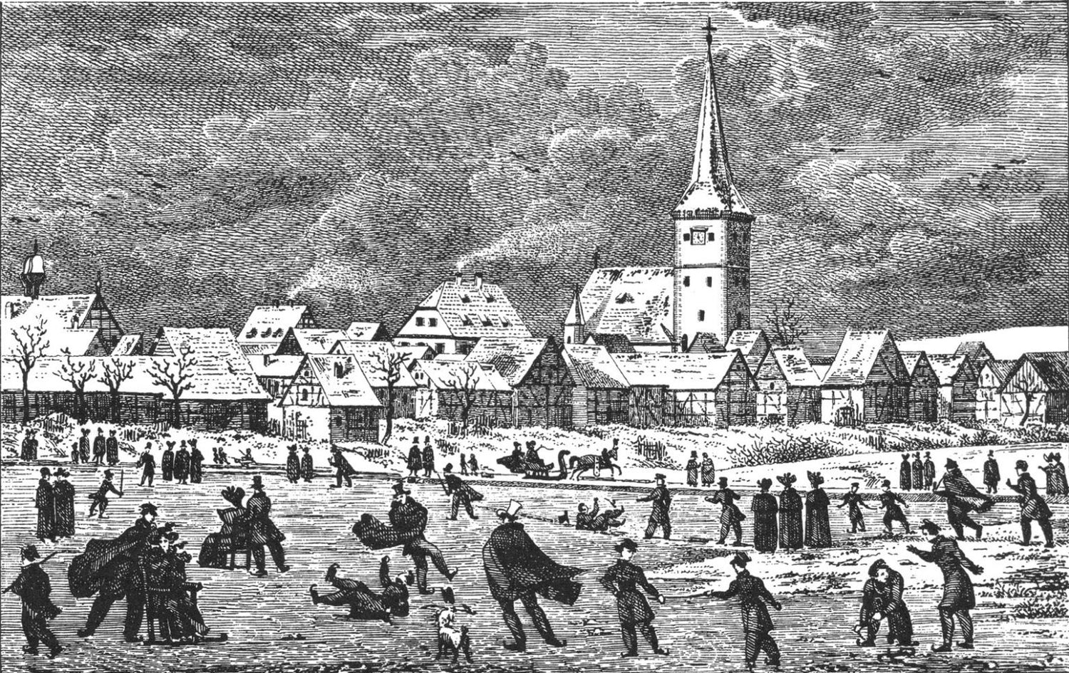 Kupferstich von 1835 des zugefrorenen Sees