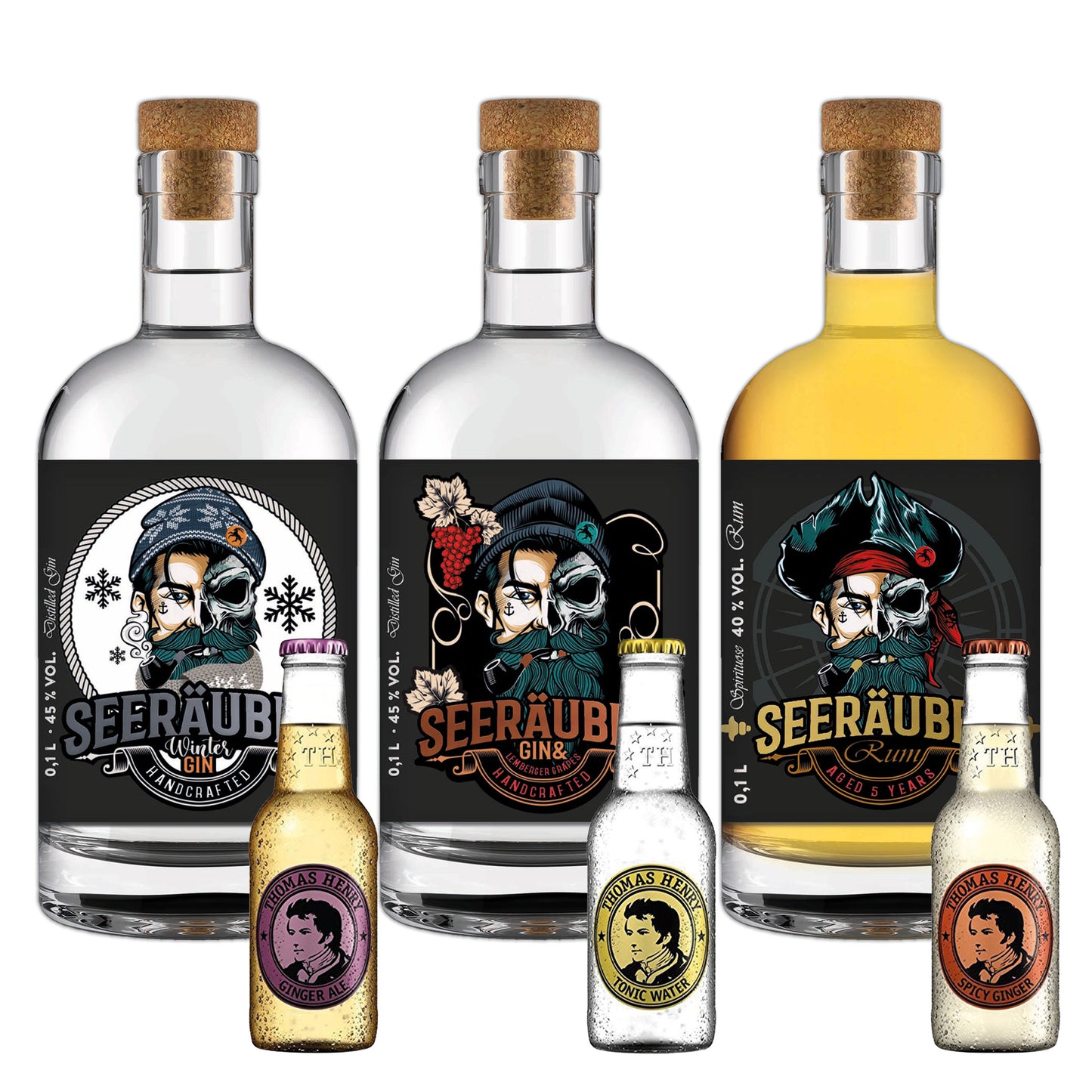 Das Tasting Set vom Seeräuber mit je einem Lemberger und einmal Winter Gin, dazu den Spicy Rum. Mit Mixer, Tonic Water, Spicy Ginger und Ginger Ale.