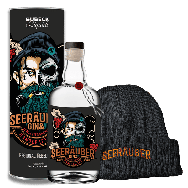 Geschenkset mit 500ml Lemberger Gin vom Seeräuber und Mütze