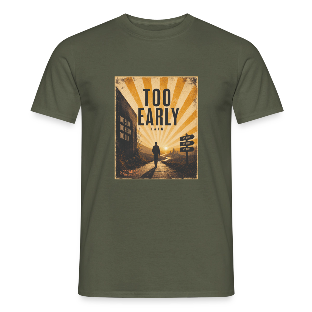 Militärgrünes Too Early T-Shirt mit Seeräuber Records Motiv