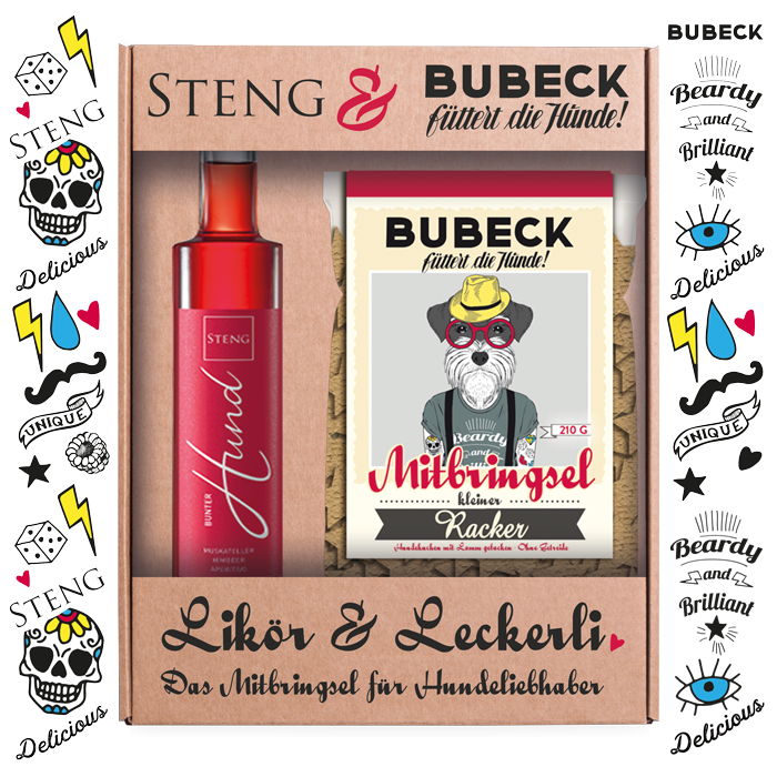 Bunter Hund Likör und Leckerli als Mitbringsel