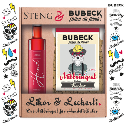 Bunter Hund Likör und Leckerli als Mitbringsel
