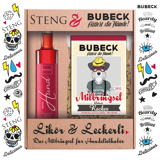 Bunter Hund Likör und Leckerli als Mitbringsel