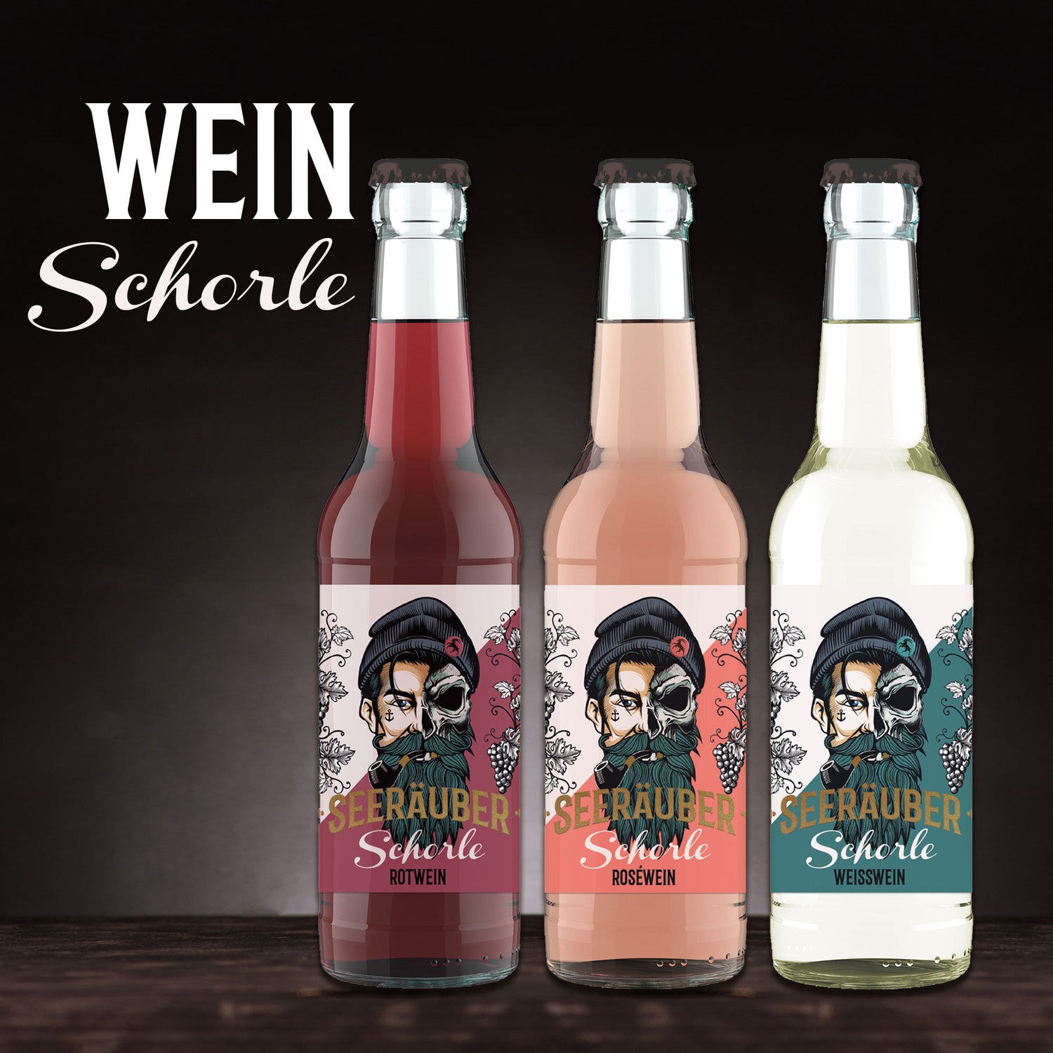 Bild mit den drei Weinschorle Flaschen vom Seeräuber Rot Weiß und Rosé