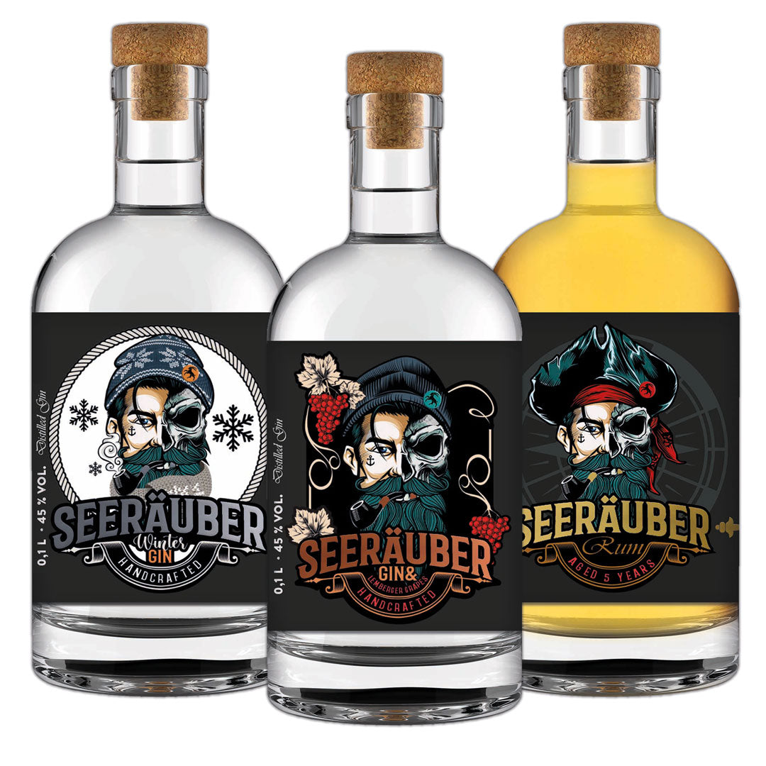 Das Mini Trio Tasting Set vom Seeräuber. 3 mal 100ml Lemberger Gin, Winter Gin und Seeräuber Rum.