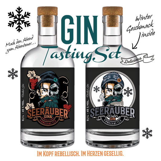 Das Duo Tasting Set mit 2 mal Gin vom Seeräuber. Einmal den Lemberger Gin und einmal den Winter Gin, je 100ml..