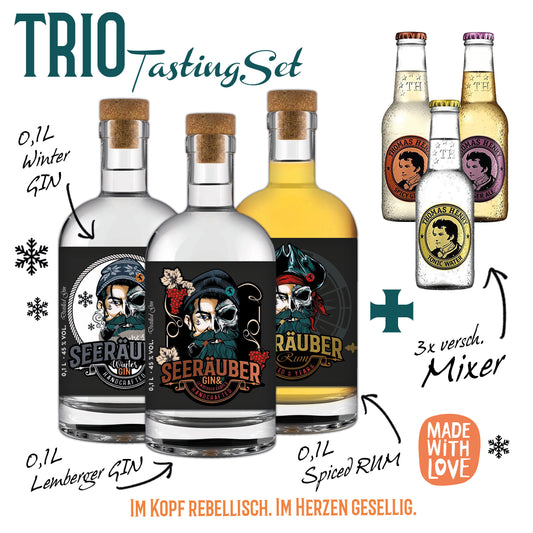 Das Trio Tasting Set vom Seeräuber. Rum, Lemberger Gin und Winter Gin in je 100ml. Mit den Mixern Tonic Water, Spicy Ginger und Ginger Ale.