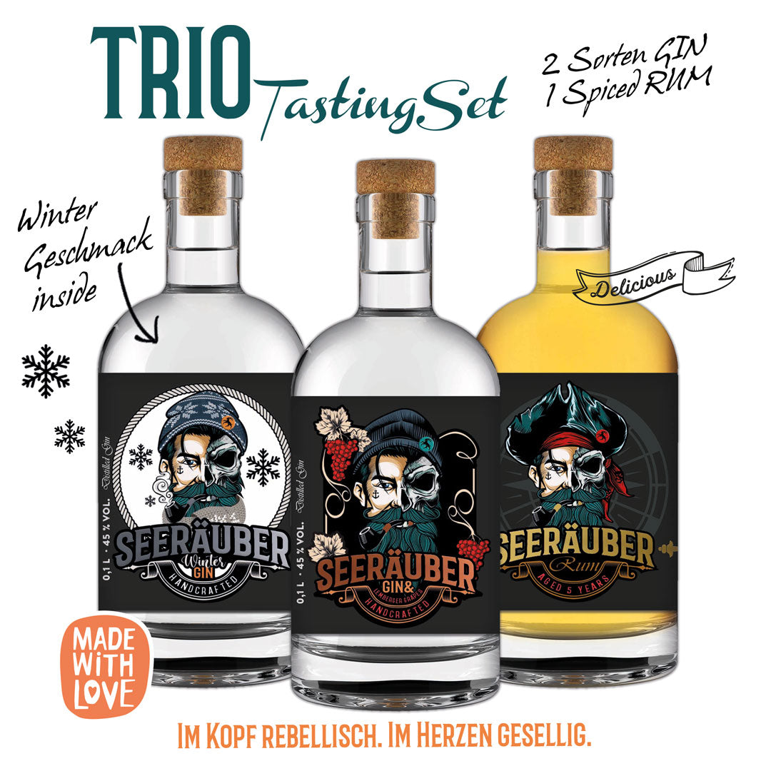 Das Trio Tasting Set, 2 Sorten Gin vom Seeräuber und einmal ein Spicy Rum, je 100ml.