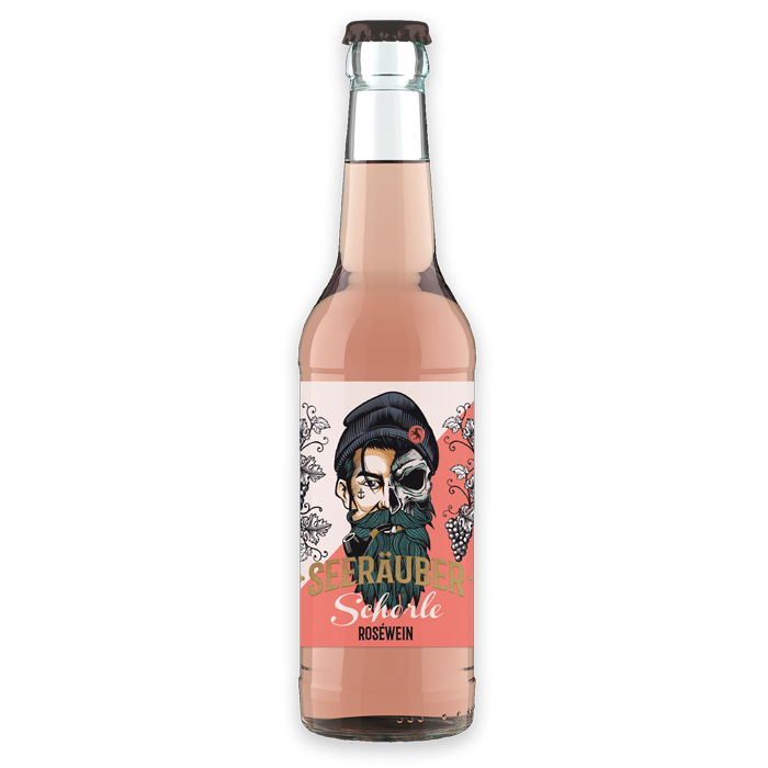 die Flasche 0,33 ml rosé Schorle vom Seeräuber. Die Weinschorle bei der man keinen Anlass braucht...